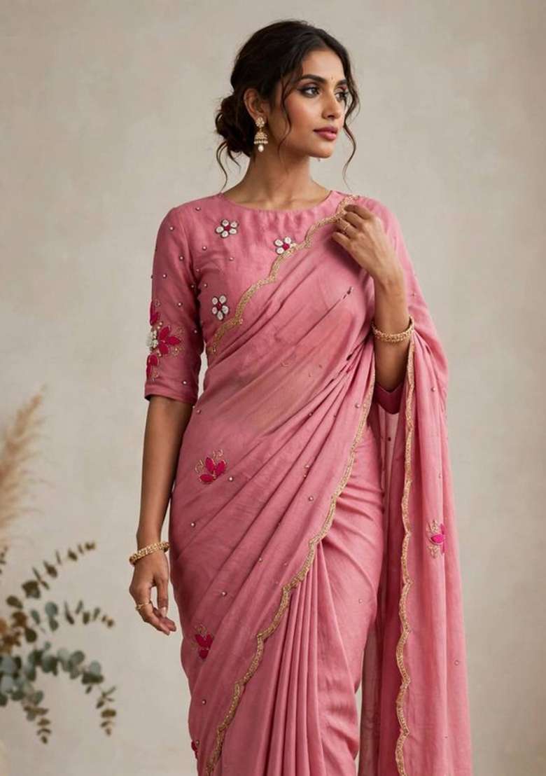 Peach Embroidery Chiffon Saree Set - Indya