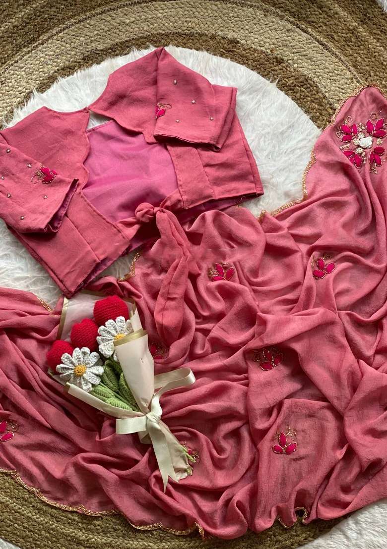 Peach Embroidery Chiffon Saree Set - Indya
