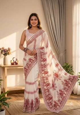 White Embroidery Georgette Saree Set