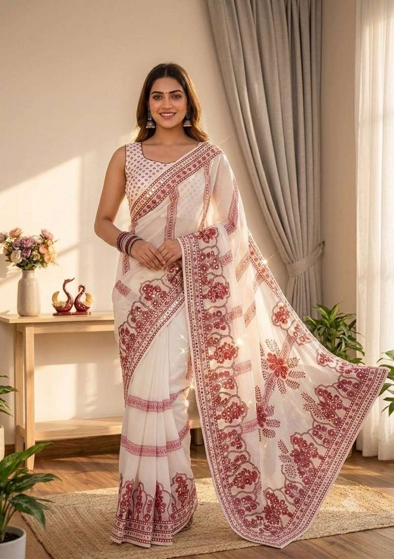 White Embroidery Georgette Saree Set - Indya