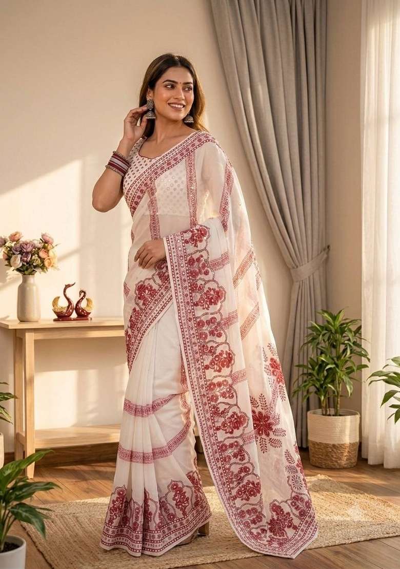 White Embroidery Georgette Saree Set - Indya