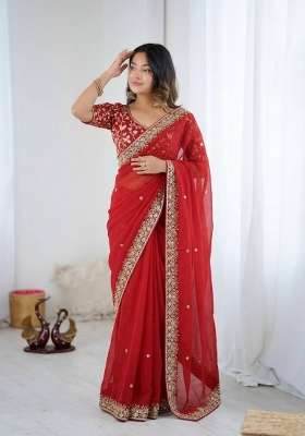 Red Embroidery Silk Saree Set