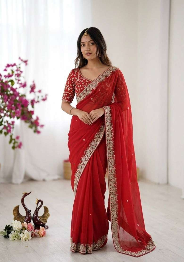 Red Embroidery Silk Saree Set - Indya