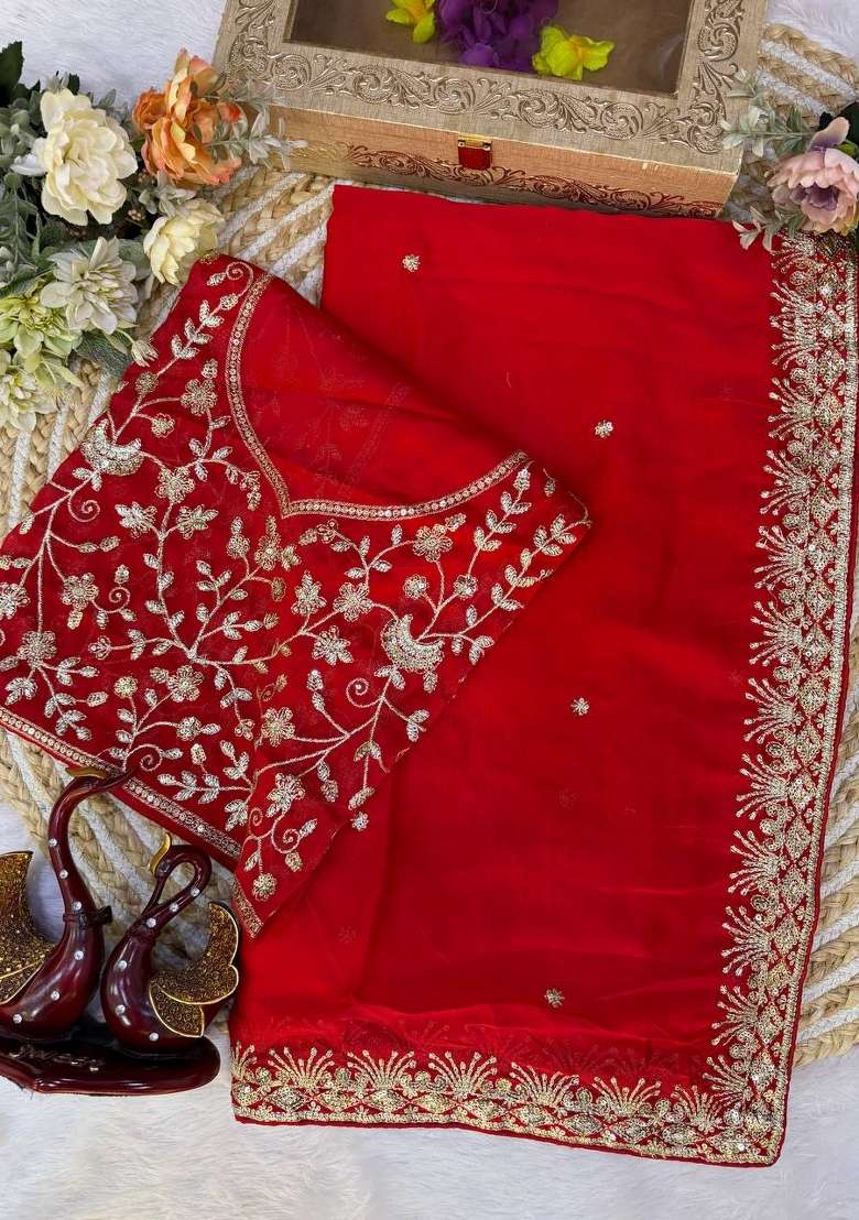 Red Embroidery Silk Saree Set - Indya