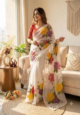 White Embroidery Silk Saree Set