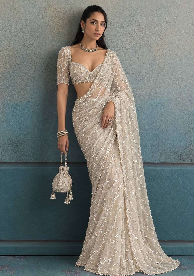Golden Embroidery Moss Saree Set - Indya
