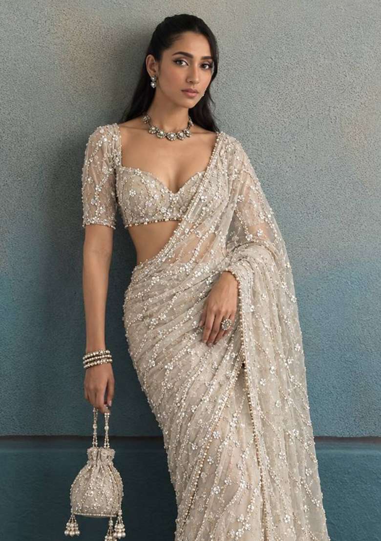 Golden Embroidery Moss Saree Set - Indya