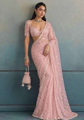 Peach Embroidery Moss Saree Set