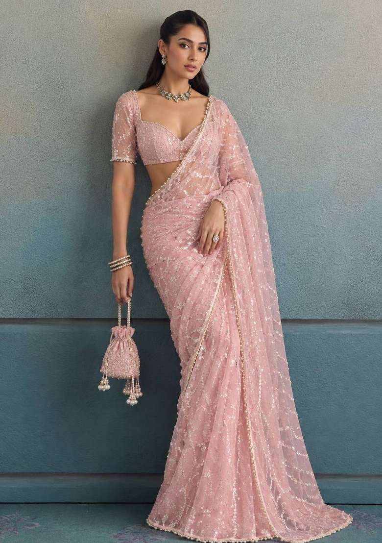 Peach Embroidery Moss Saree Set - Indya