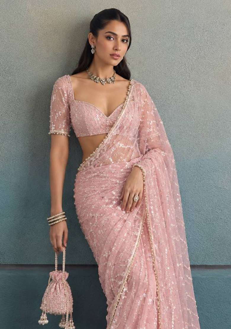 Peach Embroidery Moss Saree Set - Indya