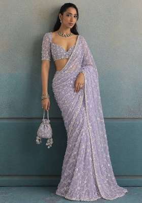 Purple Embroidery Moss Saree Set