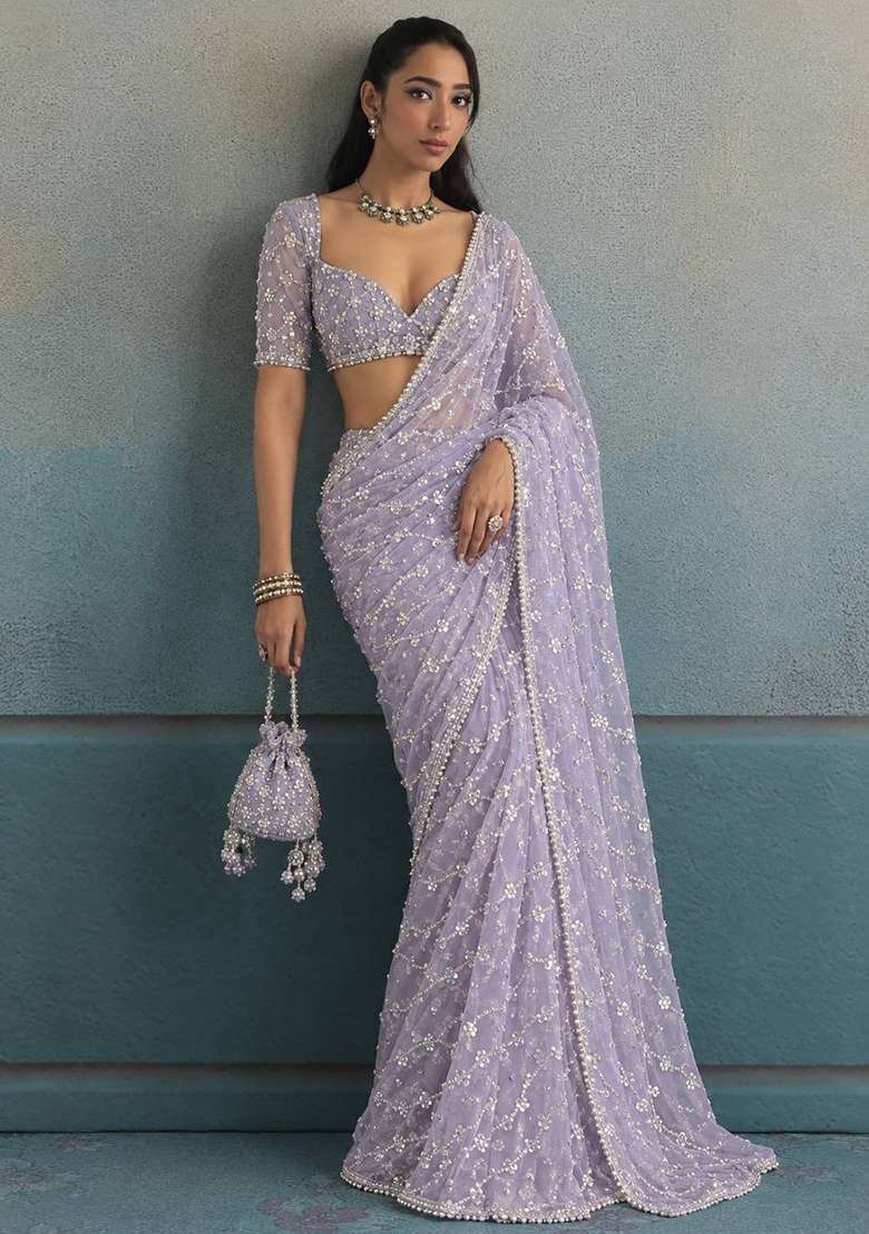 Purple Embroidery Moss Saree Set - Indya