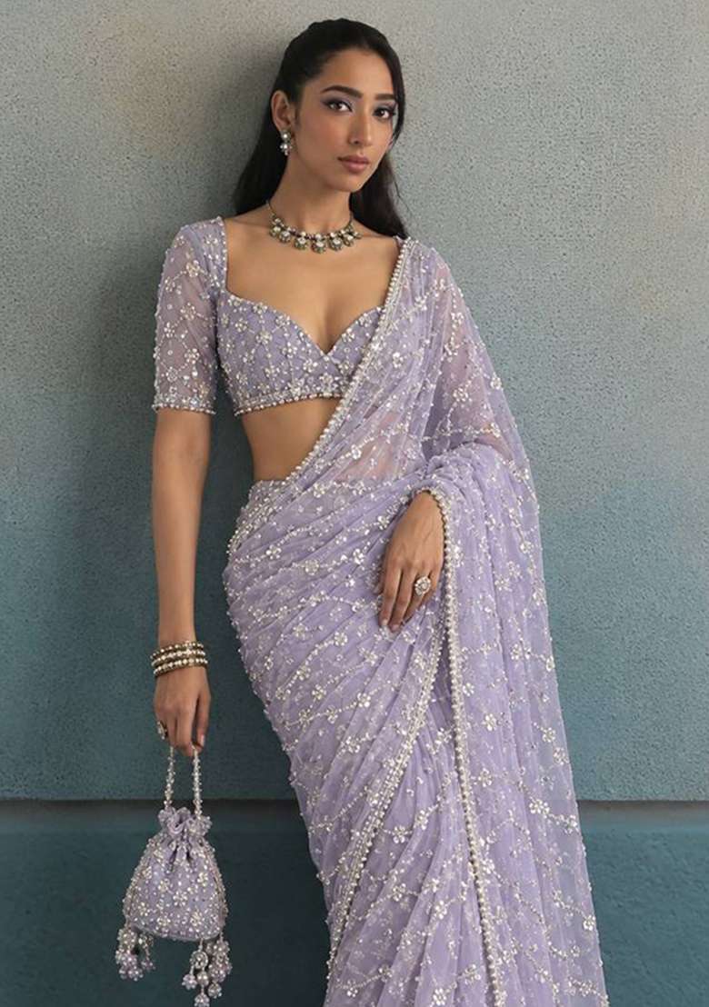 Purple Embroidery Moss Saree Set - Indya