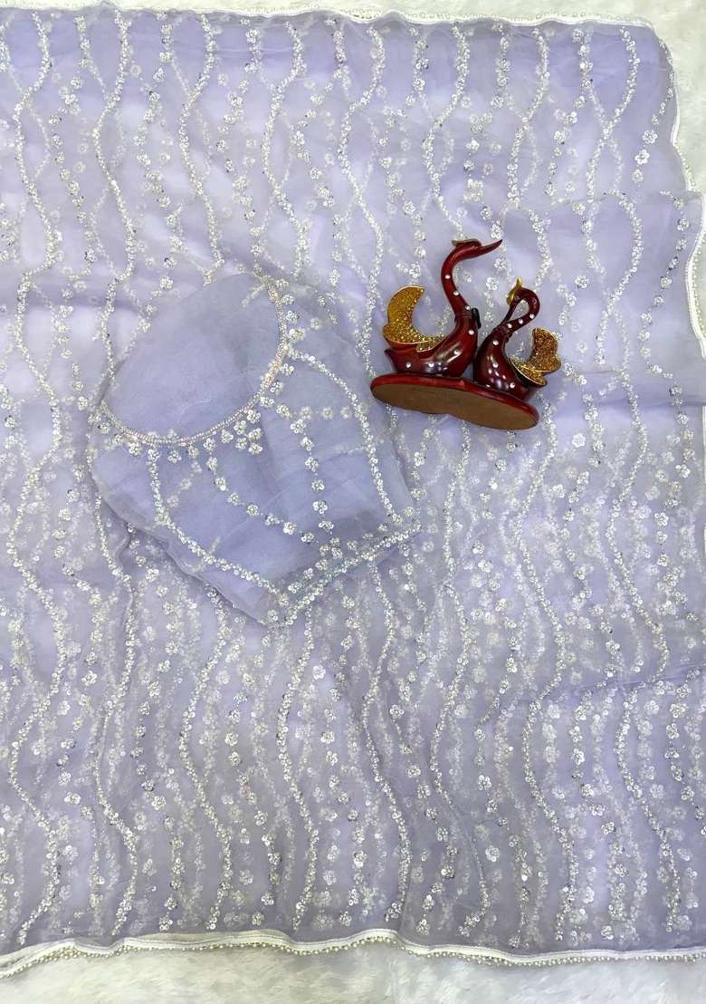 Purple Embroidery Moss Saree Set - Indya