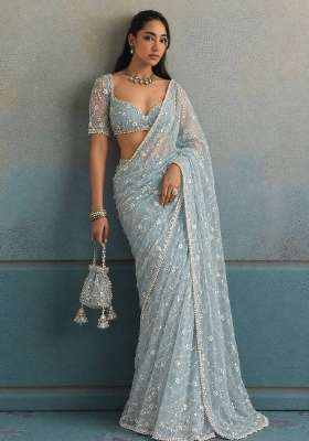 Sky Blue Embroidery Moss Saree Set