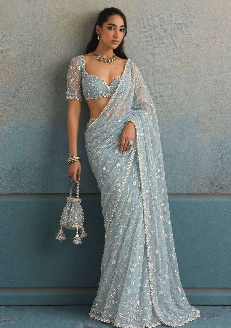 Sky Blue Embroidery Moss Saree Set - Indya