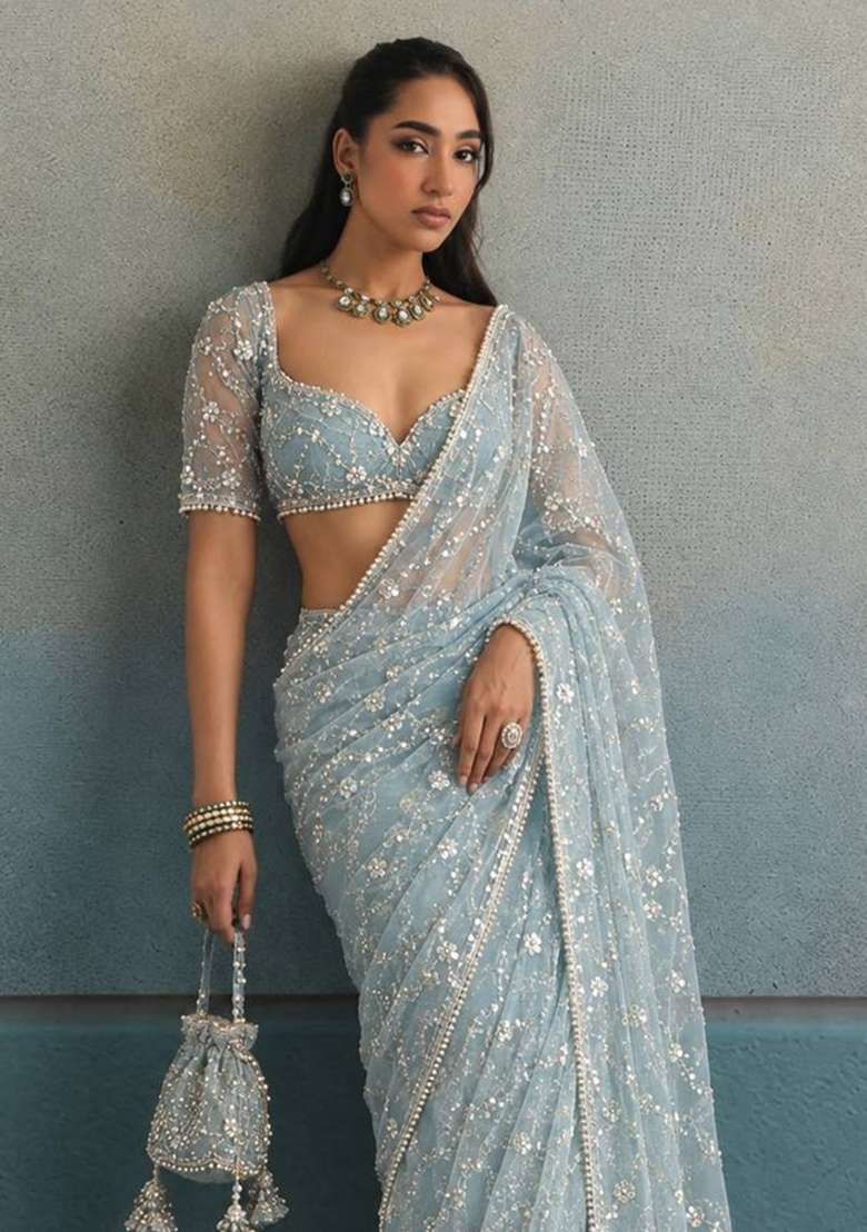 Sky Blue Embroidery Moss Saree Set - Indya