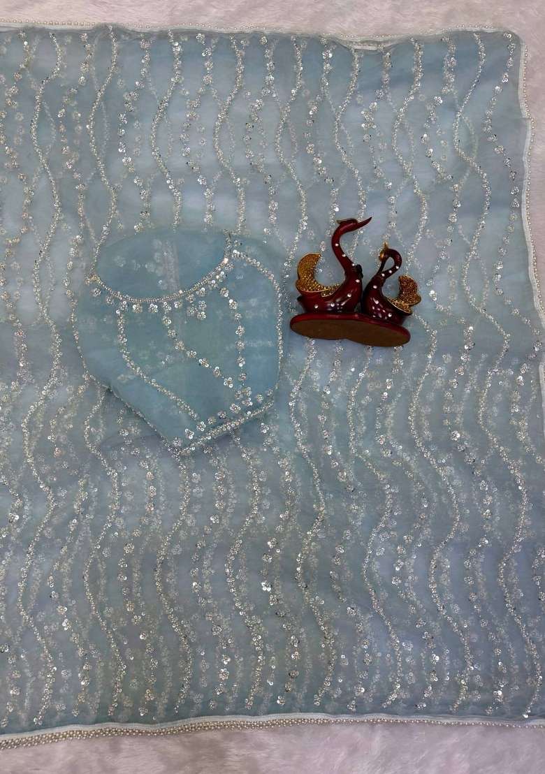 Sky Blue Embroidery Moss Saree Set - Indya