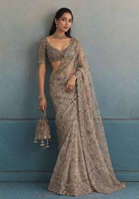 Golden Embroidery Net Saree Set
