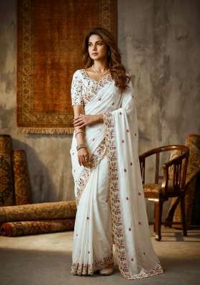 Off White Embroidery Silk Saree Set