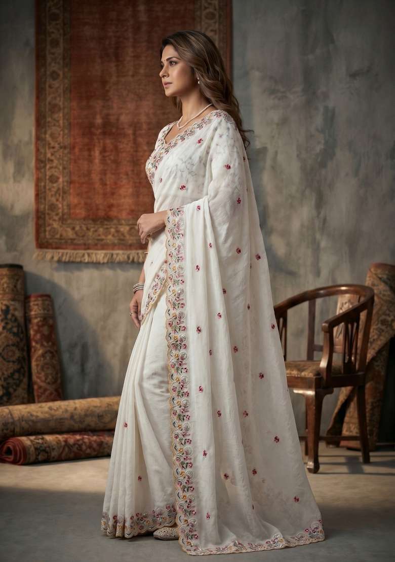 Off White Embroidery Silk Saree Set - Indya