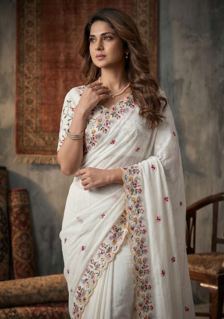 Off White Embroidery Silk Saree Set - Indya