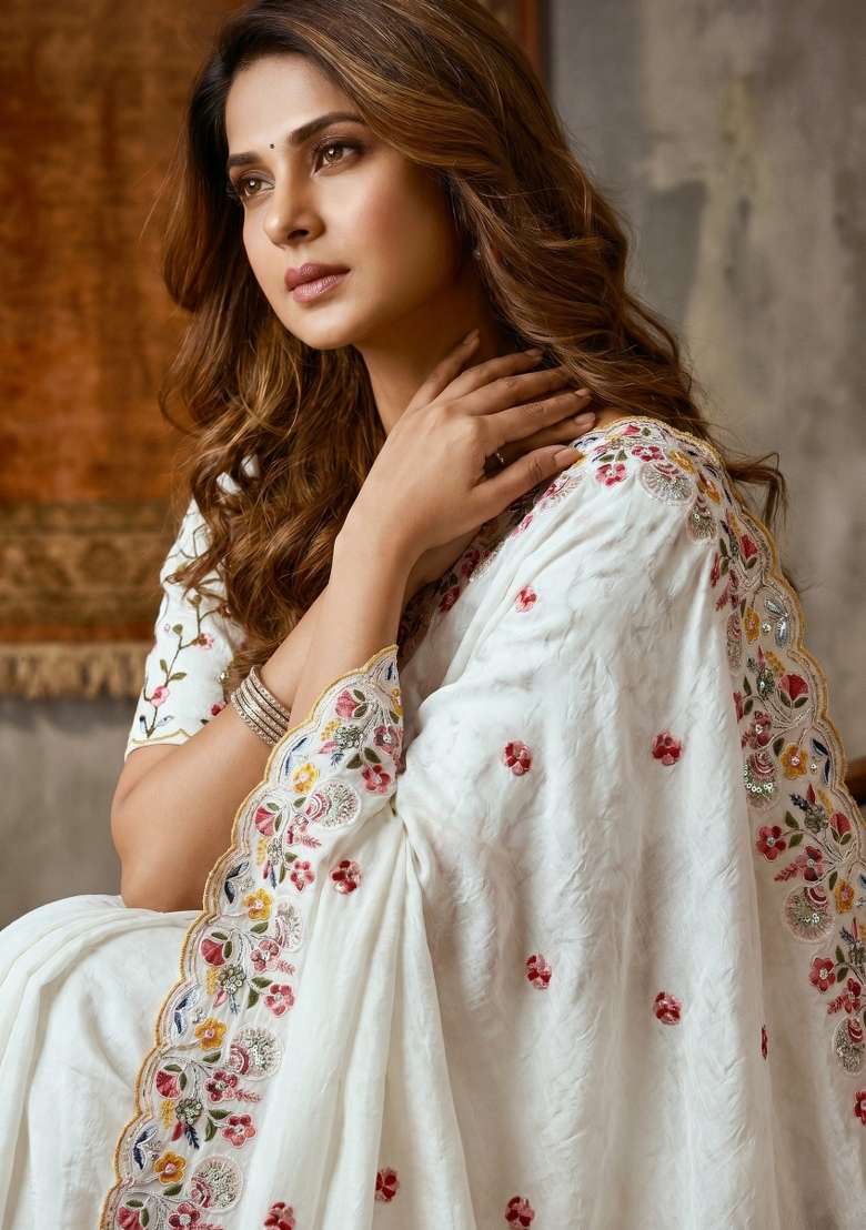 Off White Embroidery Silk Saree Set - Indya