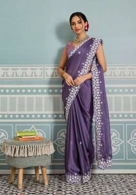 Grey Embroidery Silk Saree Set