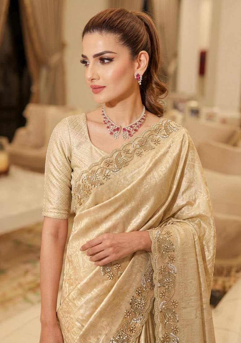 Off White Embroidery Silk Saree Set - Indya
