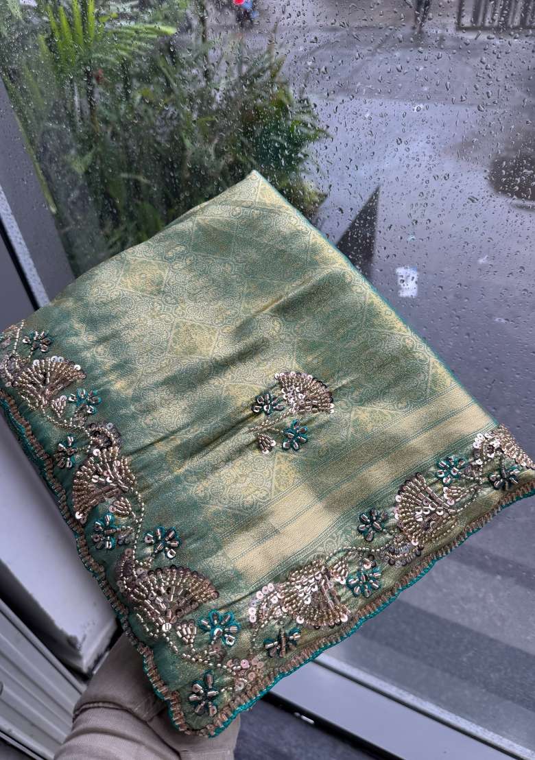 Sky Blue Embroidery Silk Saree Set - Indya