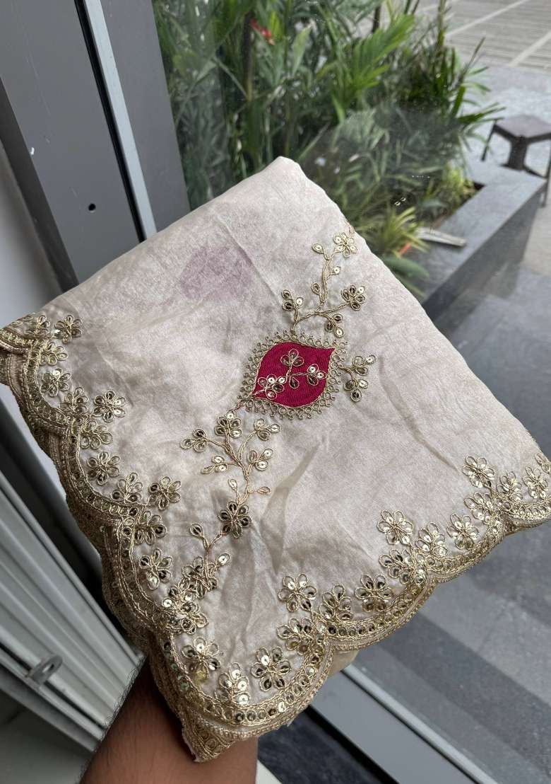 White Embroidery Silk Saree Set - Indya