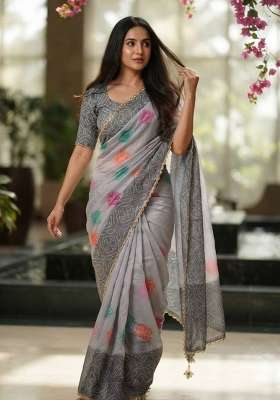 Grey Embroidery Silk Saree Set