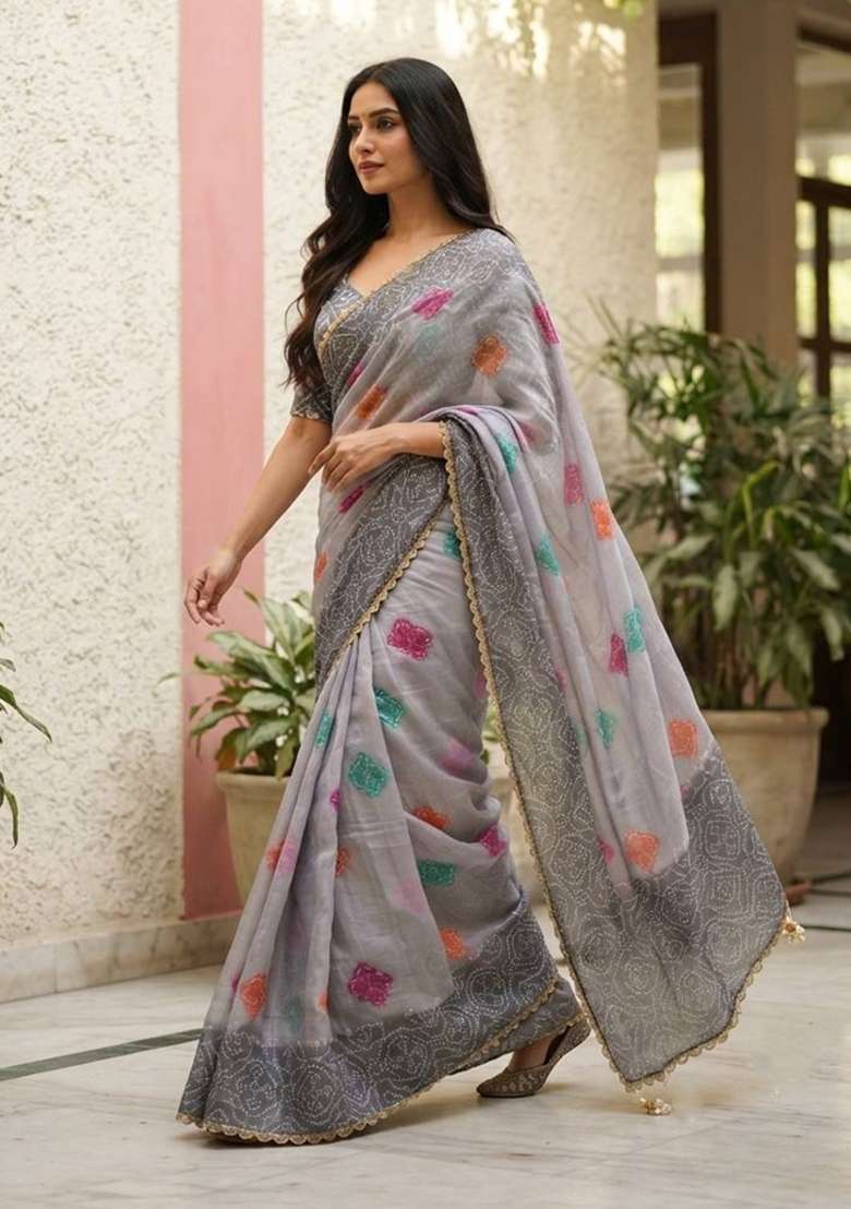 Grey Embroidery Silk Saree Set - Indya