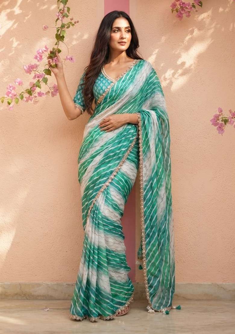 Sky Blue Embroidery Silk Saree Set - Indya