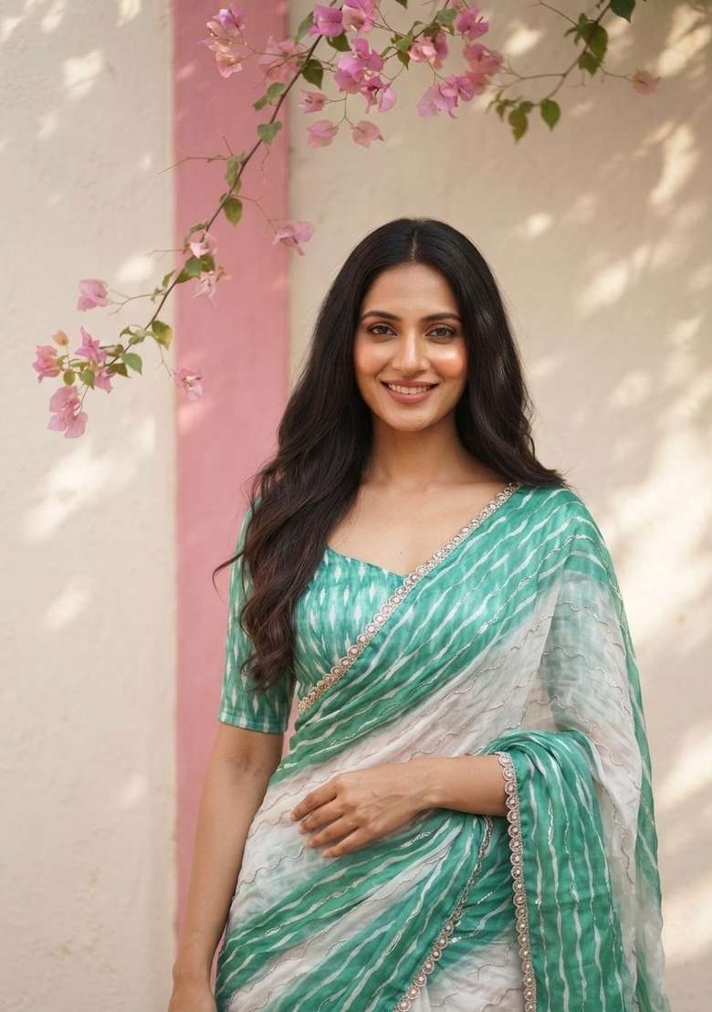 Sky Blue Embroidery Silk Saree Set - Indya