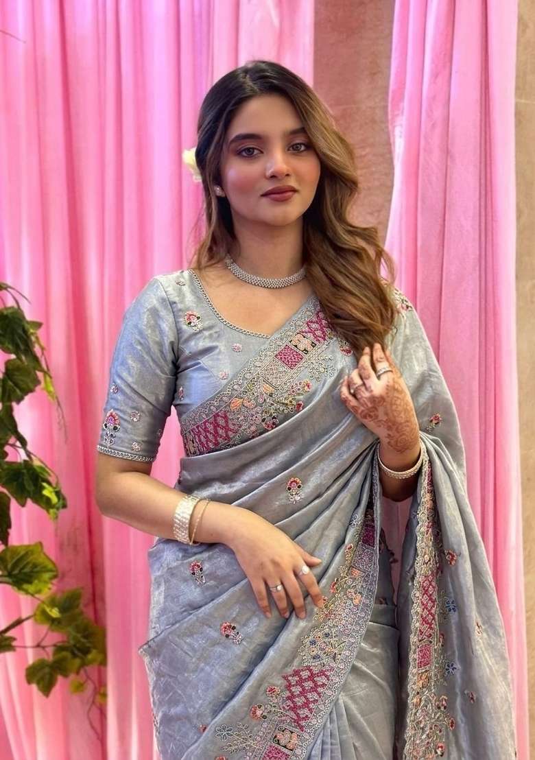 Grey Embroidery Silk Saree Set - Indya