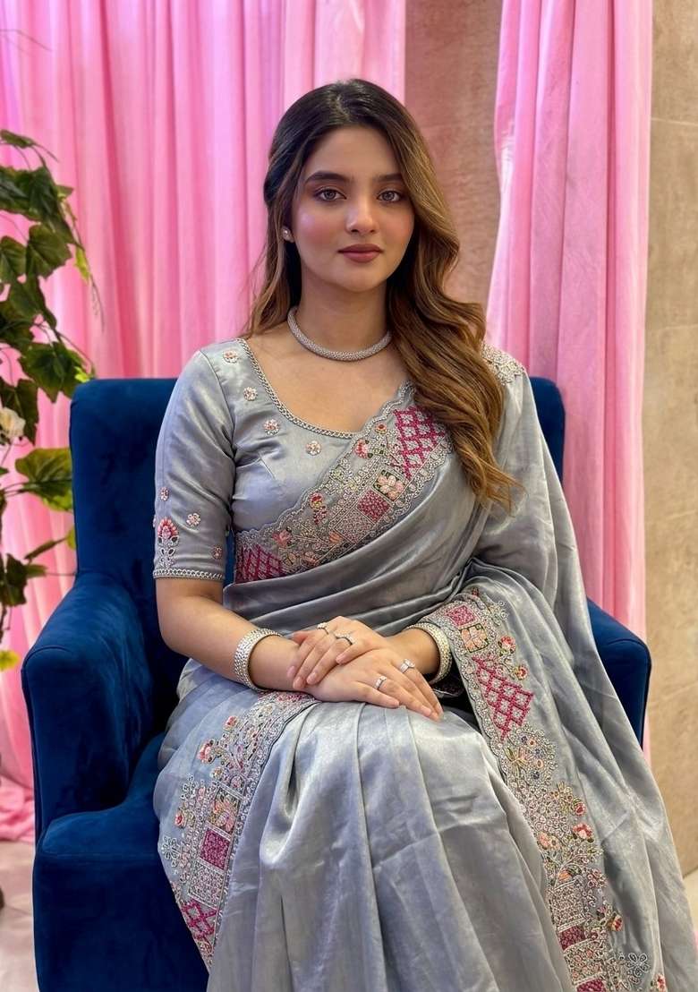 Grey Embroidery Silk Saree Set - Indya