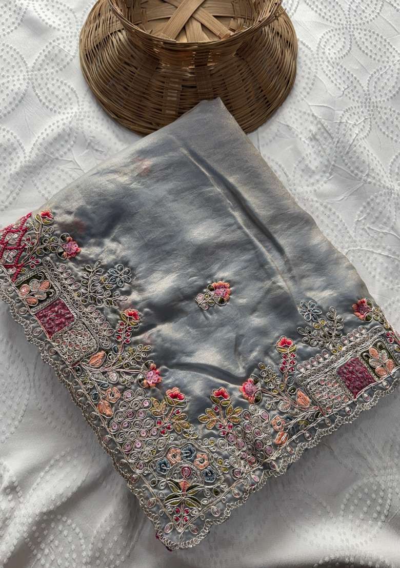 Grey Embroidery Silk Saree Set - Indya