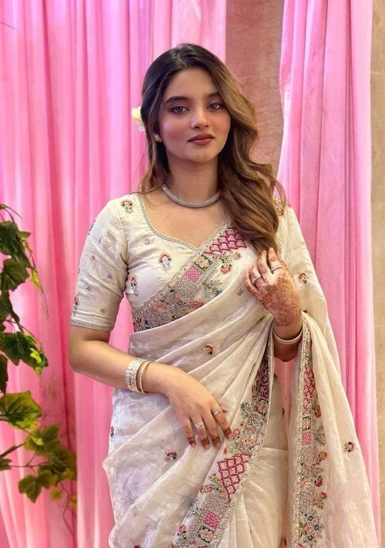 White Embroidery Silk Saree Set - Indya