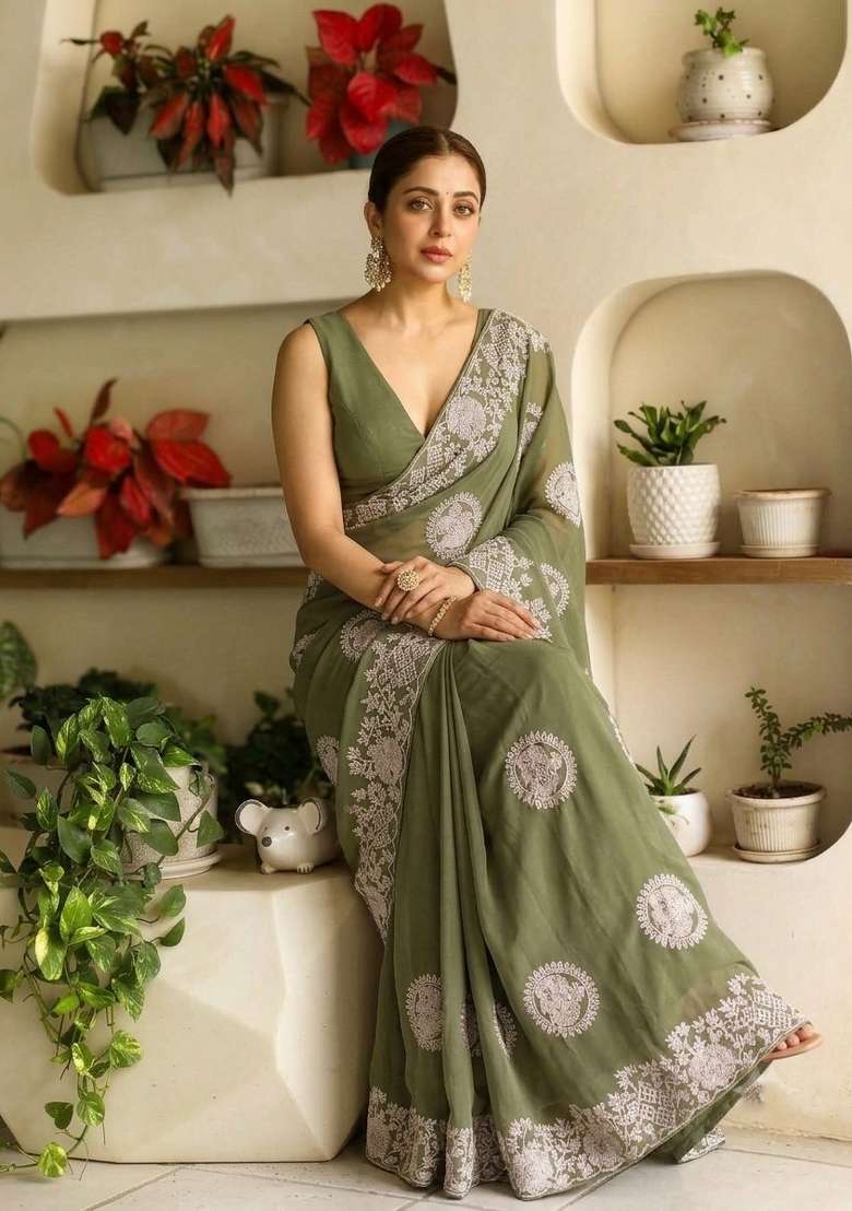 Pista Embroidery Georgette Saree Set - Indya