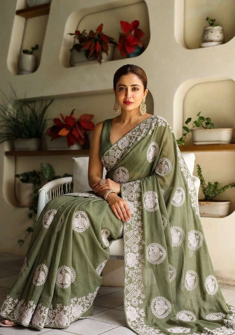 Pista Embroidery Georgette Saree Set - Indya
