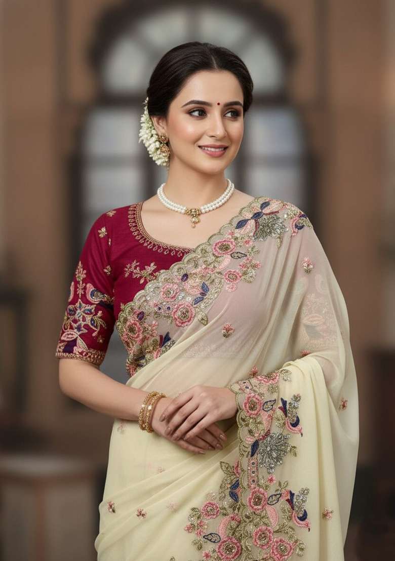 Cream Embroidery Georgette Saree Set - Indya