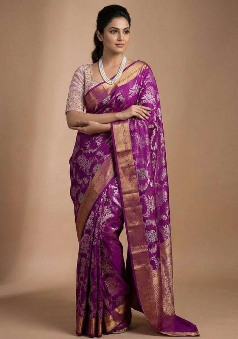 Purple Embroidery Silk Saree Set - Indya