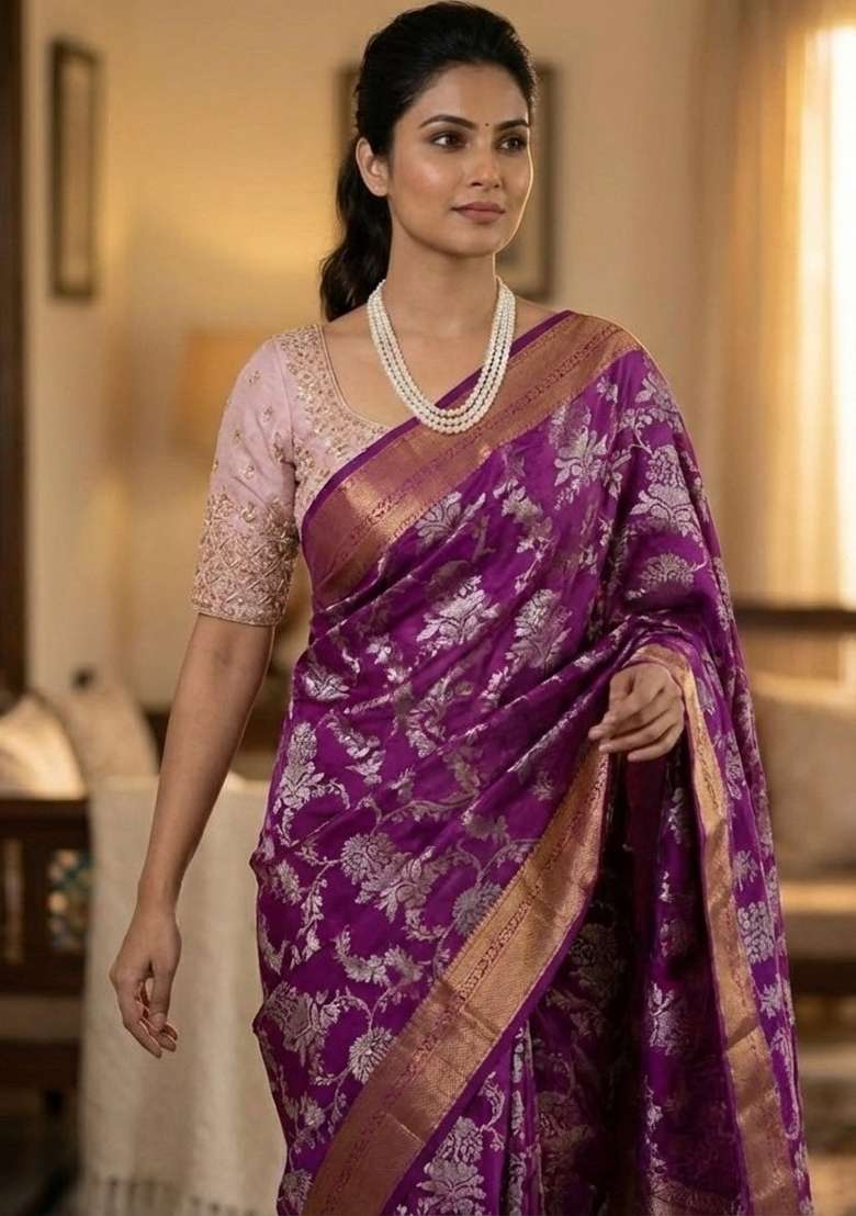 Purple Embroidery Silk Saree Set - Indya