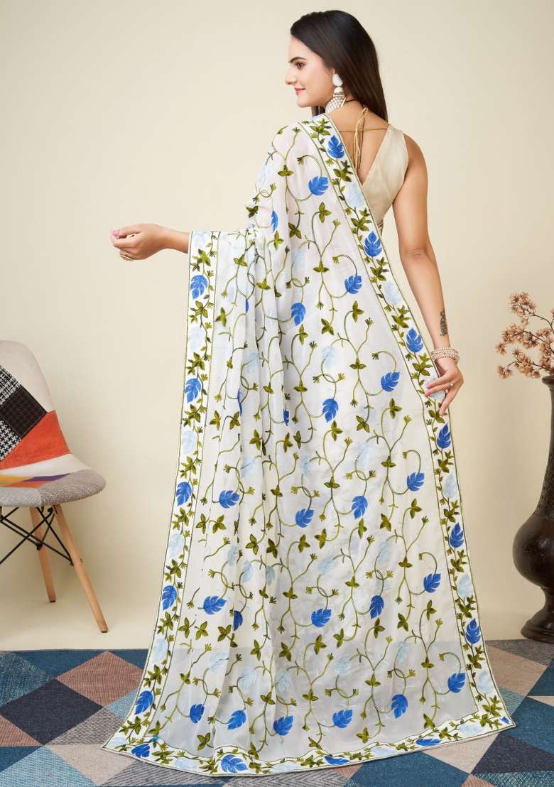 White Embroidery Georgette Saree Set - Indya