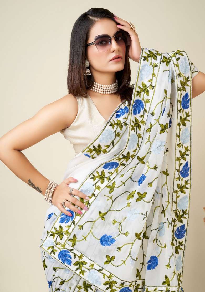 White Embroidery Georgette Saree Set - Indya