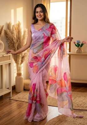 Purple Embroidery Silk Saree Set