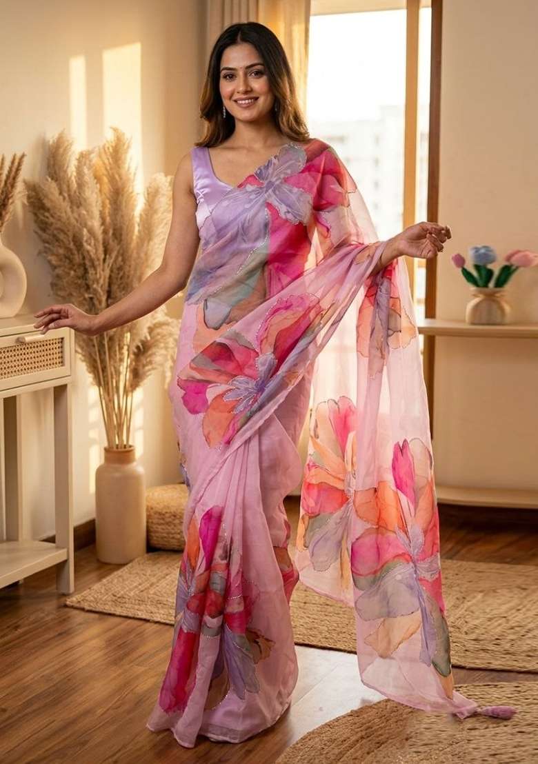 Purple Embroidery Silk Saree Set - Indya