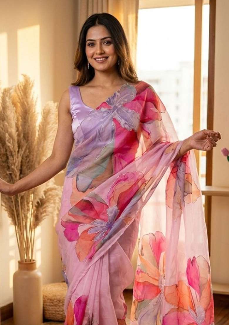 Purple Embroidery Silk Saree Set - Indya