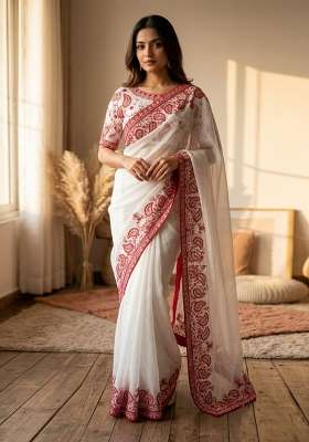 White Embroidery Silk Saree Set